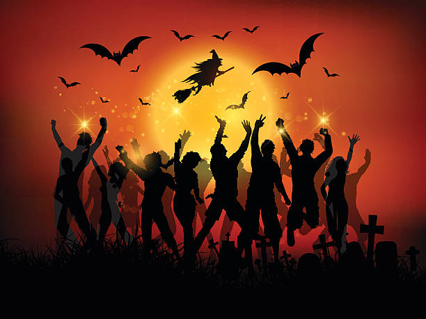 Halloween party landscape with silhouettes of people dancing