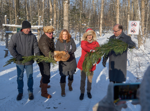 (L-R) Jim Hendry, with Eastern Ontario Model Forest, Frank Heerkens, representing the Ontario Maple Syrup Producers, Mayor Nancy Peckford, Councillor Doreen O’Sullivan and Deputy Mayor Jim McManaman at the announcement of the Kemptville Campus Forest Stewardship Certification.